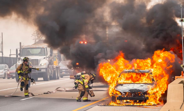 Firefighters trying to extinguish a car on fire in a highway